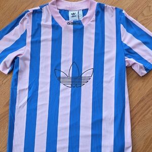 Adidas Pink and Blue Striped Tee
